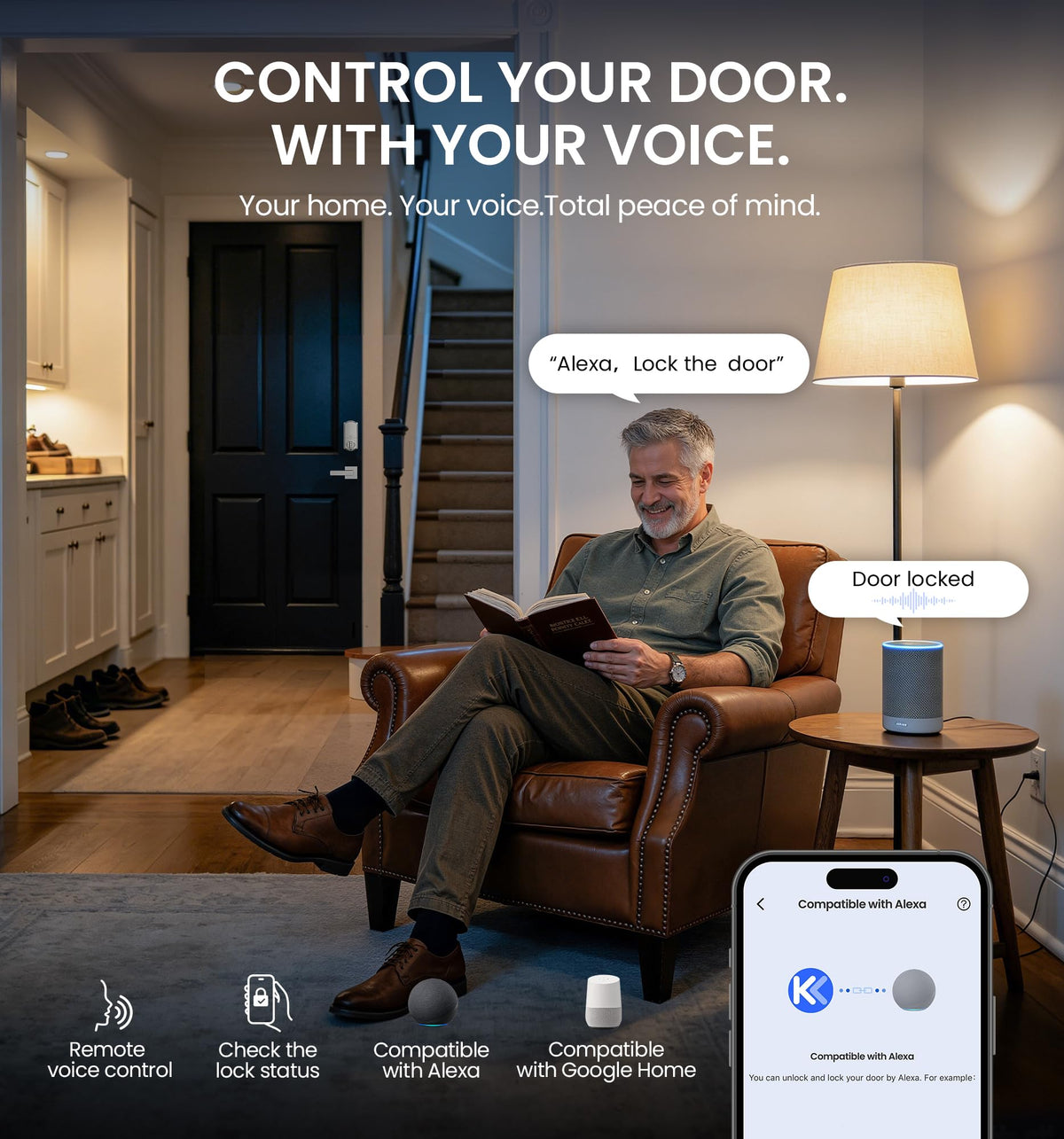 Veise VE012W-H Wi-Fi Smart Front Door Lock Set with Handle, Satin Nickel