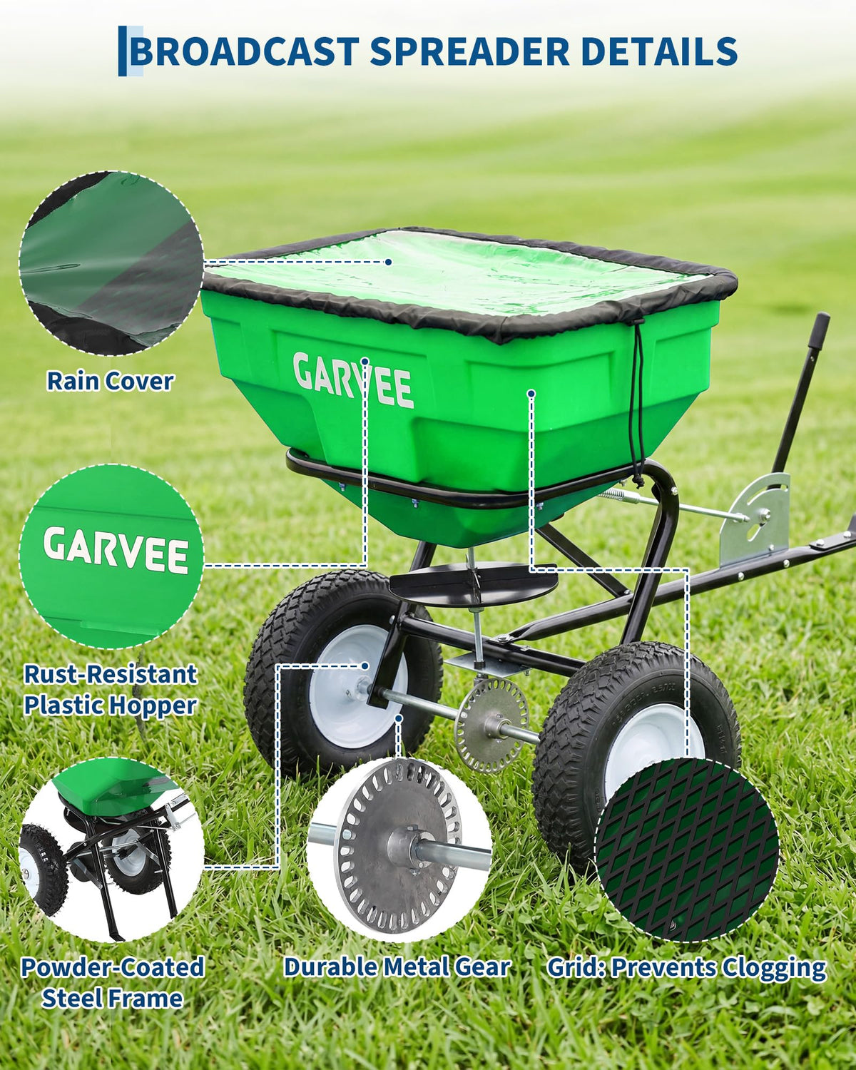 Heavy Duty 125L Tow Behind Broadcast Spreader – 9.8FT Spreading Width, 30 Current Settings, Global Hitch, for UTV, ATV, Tractor, Fertilizer, Seed, Salt, Ice Melt – Green (Douzi) + Black Rod