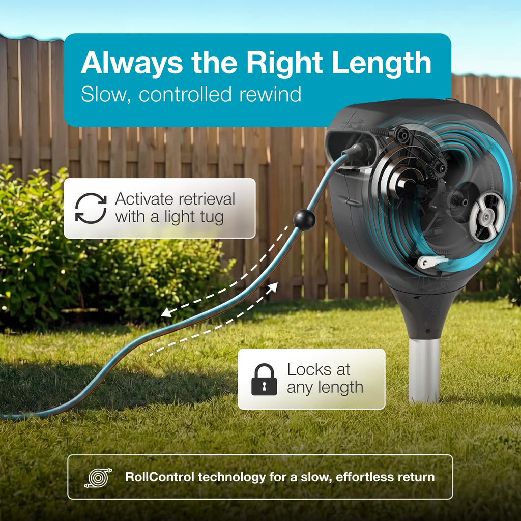 GARDENA Automatic Retractable Garden Hose Reel - 50 Feet - 360 Degree Swivel Outdoor Hose Reel with Metal Spike Base - Auto Retract - UV Resistant Housing - Easy Install No Tools Required - 18604