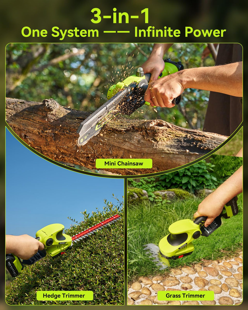 3-in-1 Cordless Mini Chainsaw & Hedge Trimmer with Grass Shears, 8-Inch 800W Brushless Chainsaw, 2 x 4000mAh Batteries, Garden Tool Kit for Tree Pruning, Hedge Trimming & Lawn Edging