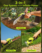 3-in-1 Cordless Mini Chainsaw & Hedge Trimmer with Grass Shears, 8-Inch 800W Brushless Chainsaw, 2 x 4000mAh Batteries, Garden Tool Kit for Tree Pruning, Hedge Trimming & Lawn Edging