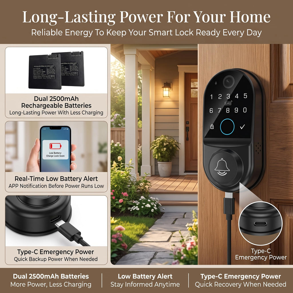 Smart Door Lock for Front Door: Long Lasting Battery Dual 2500mAh
