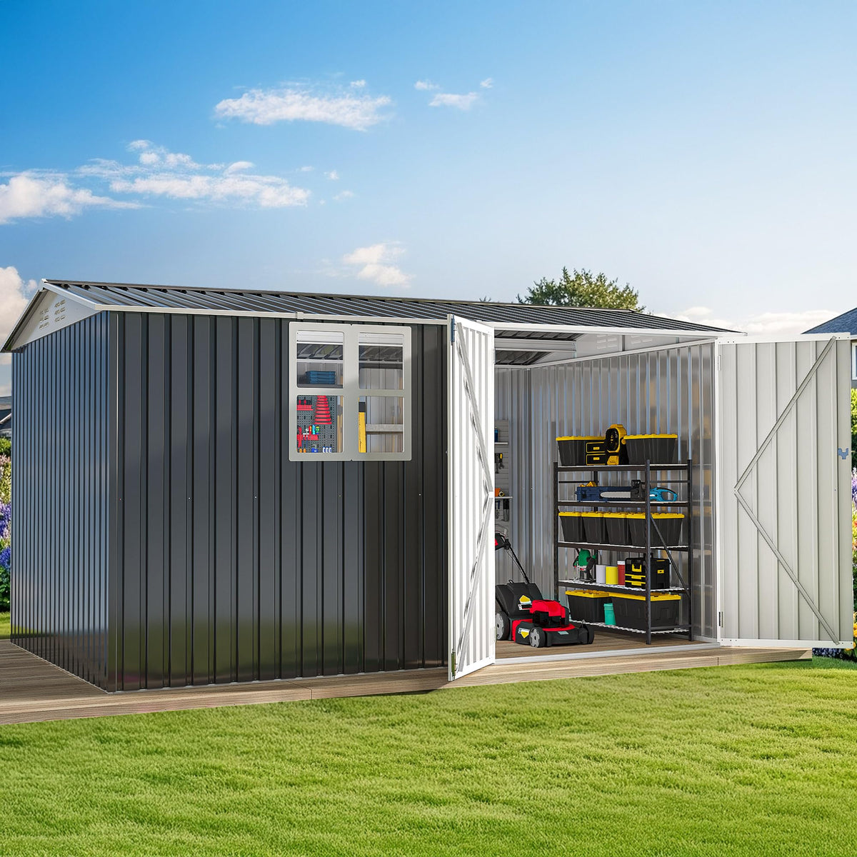 DWVO 9x4ft Large Tool Storage Shed with Window, Lockable Doors, and Sloped Roof, Oversized Steel Outdoor Storage Shed for Garden, Patio, Garage, Backyard, Lawn - Dark Gray