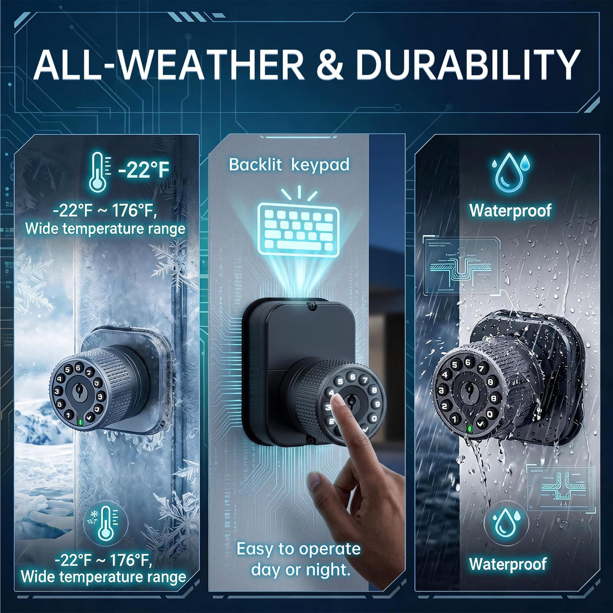 IU62 Dual-Sided Keyless Keypad Door Knob with Mechanical Key & USB-C Power Backup,Adjustable Latch, All-Weather for Outdoor/Indoor/Patio/Fence, Non-Networked Security Lock (Matte Black)