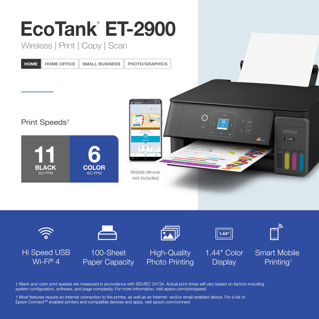 Epson EcoTank ET-2900 Wireless All-in-One Color Supertank Printer with up to 3 Years of Ink, Refillable Tanks, Perfect for Home, 11 PPM, 1.44" Color Screen, Built-in Scanner – Black
