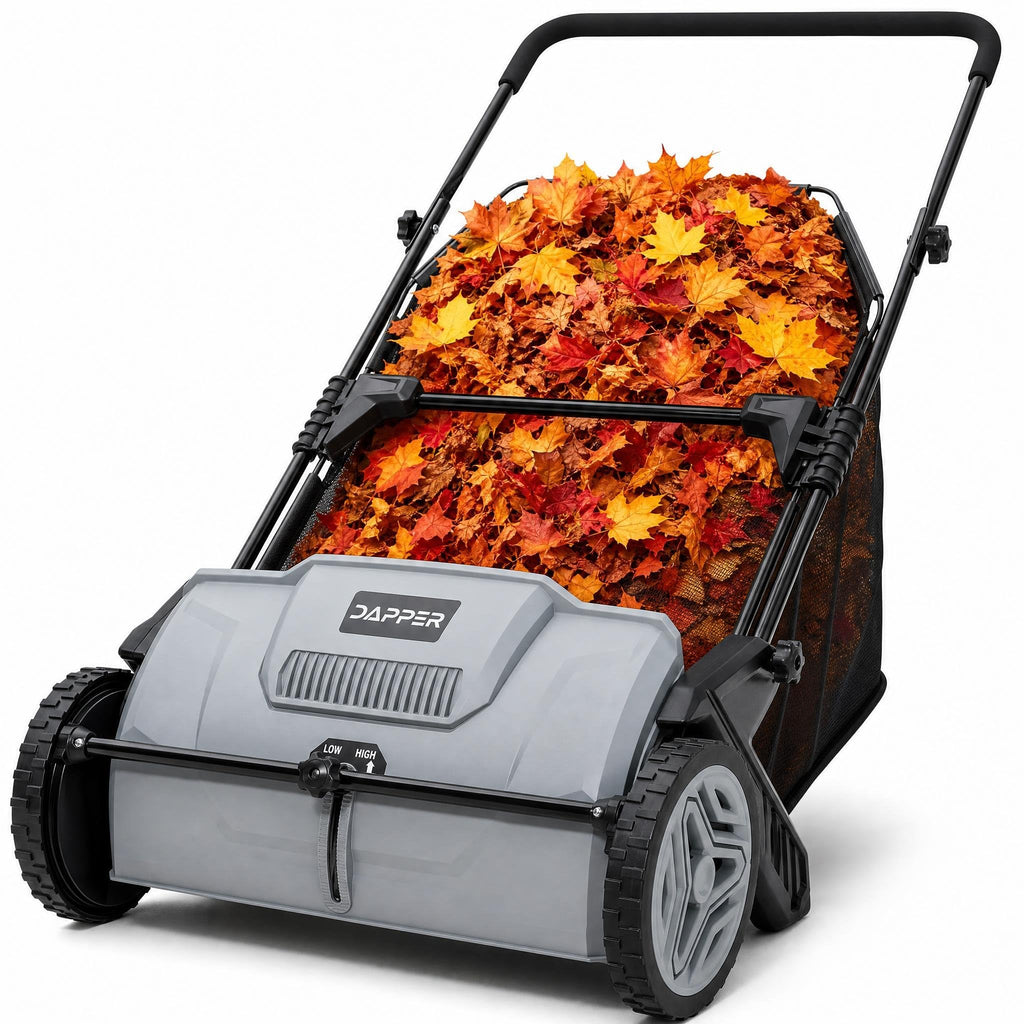 Dapper Supply 26-Inch Push Lawn Sweeper, Grass, Lawn and Leaf Cleanup Collector with Large 7 cu. ft. Hopper Bag, and Dual Spinning Brushes, Grey