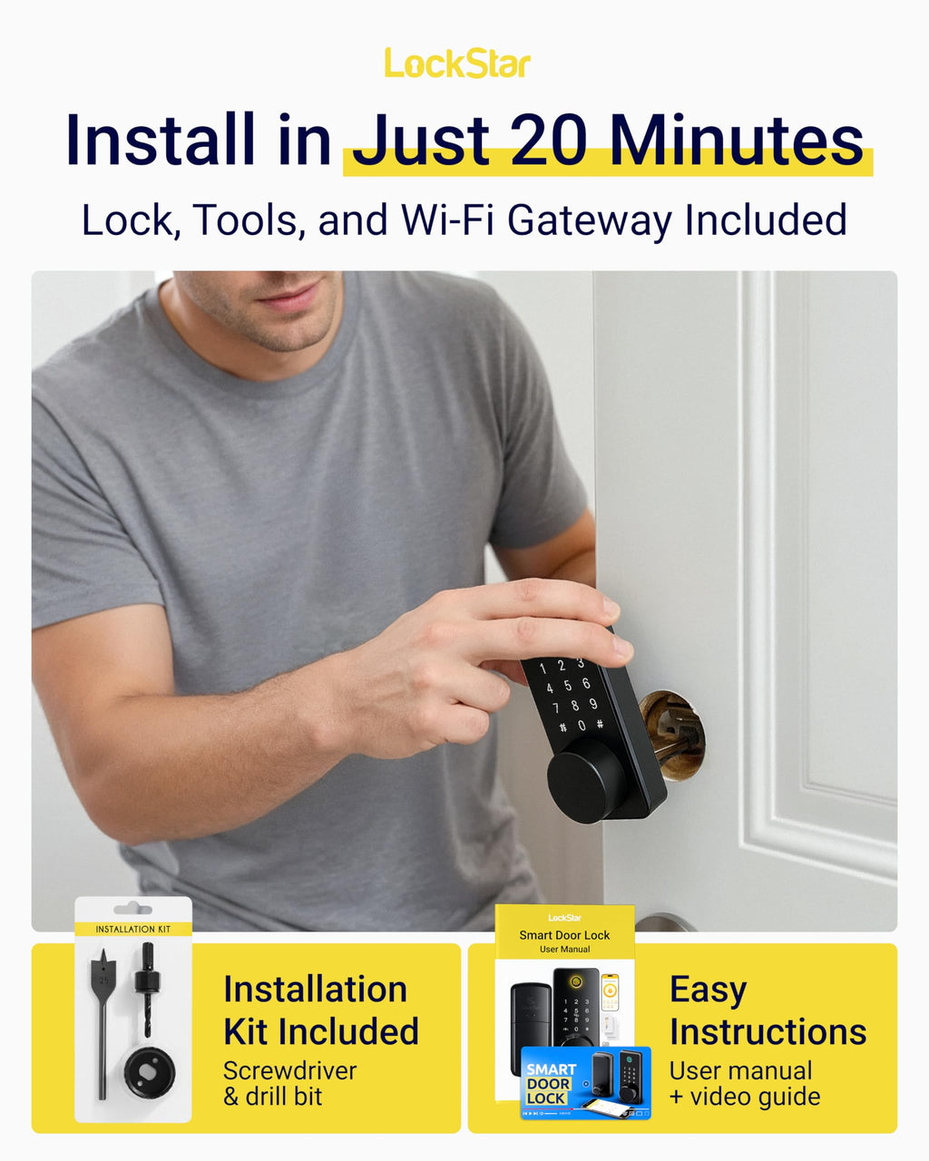 LOCKSTAR® Smart Door Lock • Keyless Entry Deadbolt Door Lock • Multiple Entry Methods – APP • Fingerprint Touch ID • Keypad Code • Card FOB • Traditional Key • Smart Home Devices