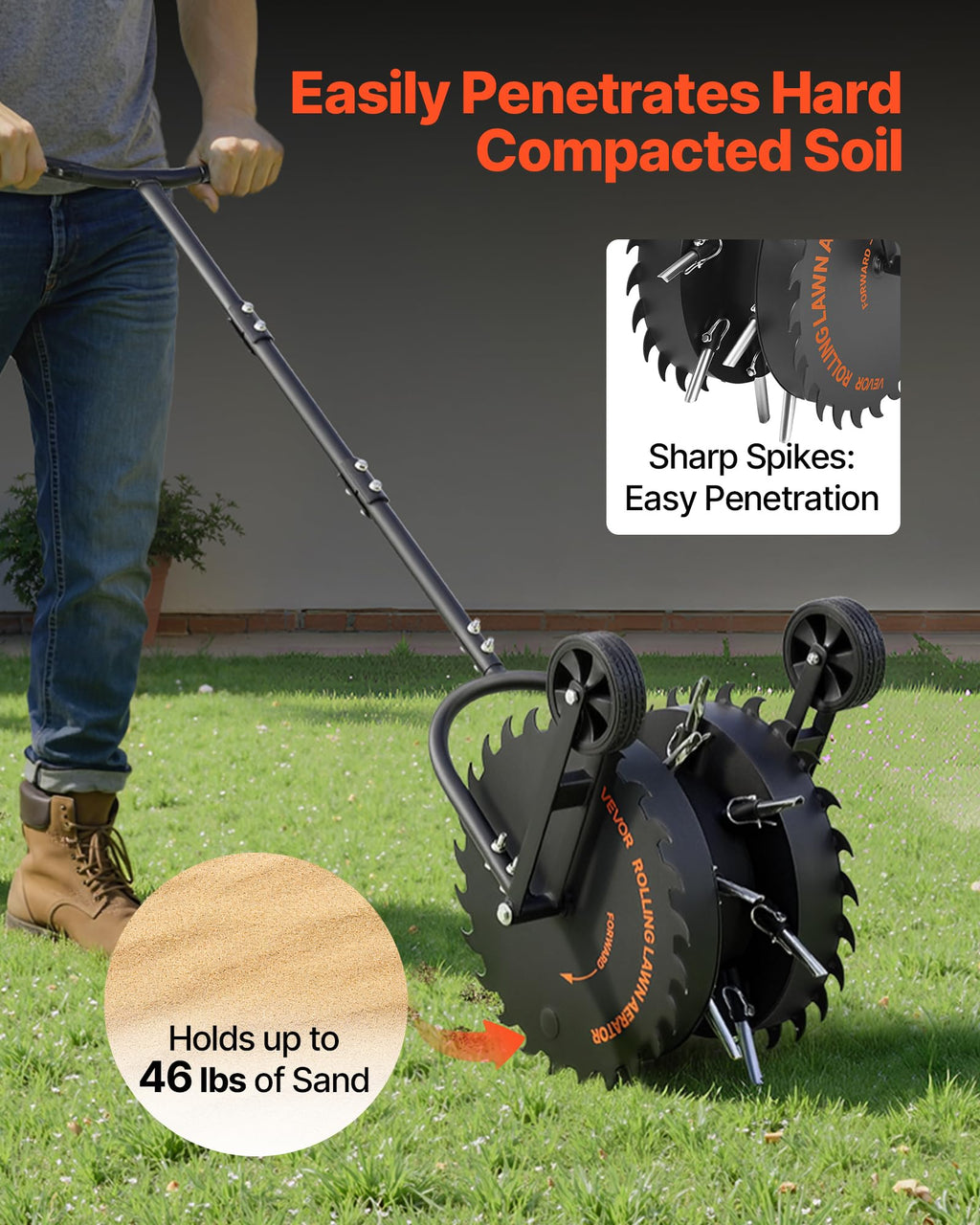 VEVOR Rolling Lawn Core Aerator, 16.6 in Coring Aerator Roller with Anti-Clog Tines, Heavy Duty & Rust-Resistant, Yard Grass Pulling Plugs Manual Aeration Tool for Compacted Garden Soil Loosening