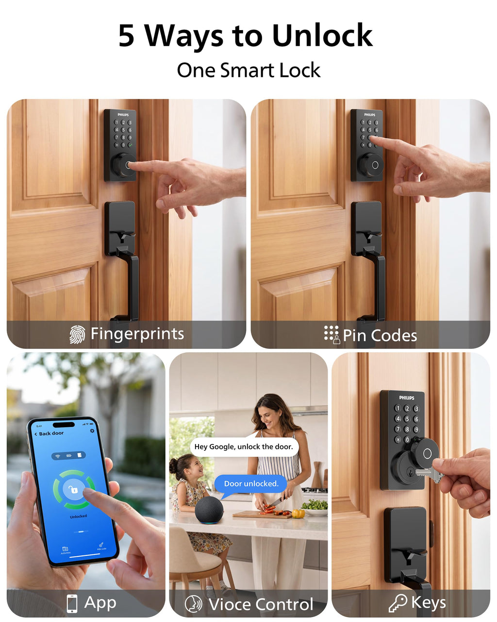 Philips Upgraded Wi-Fi Smart Front Door Lock Set, Fingerprint Keyless Entry Deadbolt, Keypad Lock with Handle, App Remote Control, IP53 Waterproof, Auto Lock, Anti-Peeping Password, Easy Install