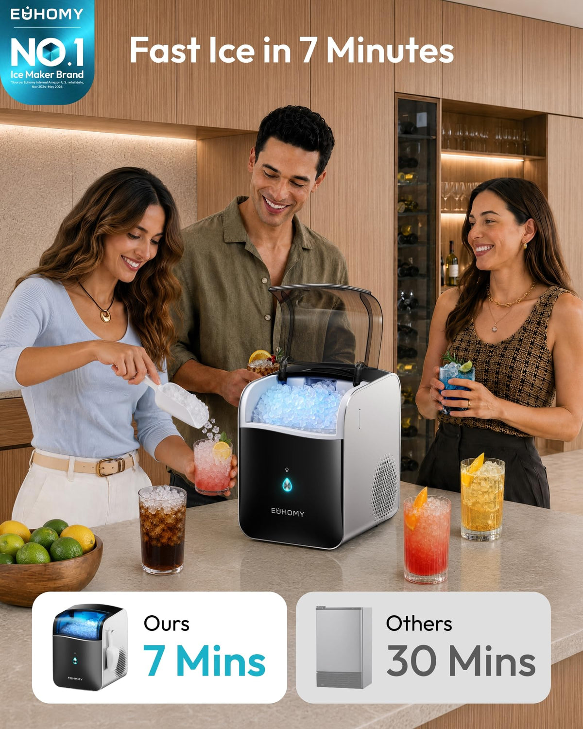 EUHOMY Smart Nugget Ice Maker Countertop, 42lbs/24H, Ready in 7 Mins, Portable Sonic Ice Maker with APP/Alexa Control, Self-Cleaning, Pebble Ice Makers with Hanging Ice Scoop for Home/Office
