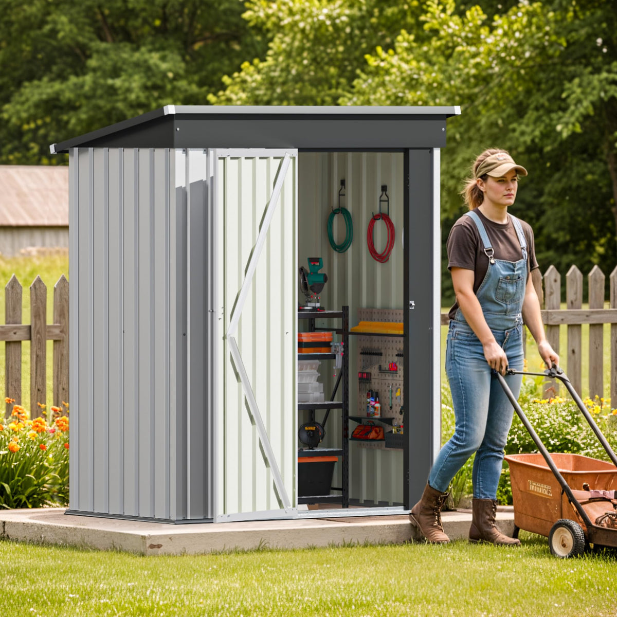 Patiolife 5x3 FT Outdoor Storage Shed, Small Tool Metal Shed with Lockable Door & Sloping Roof, Garden Shed for Backyard Patio Lawn, Brown