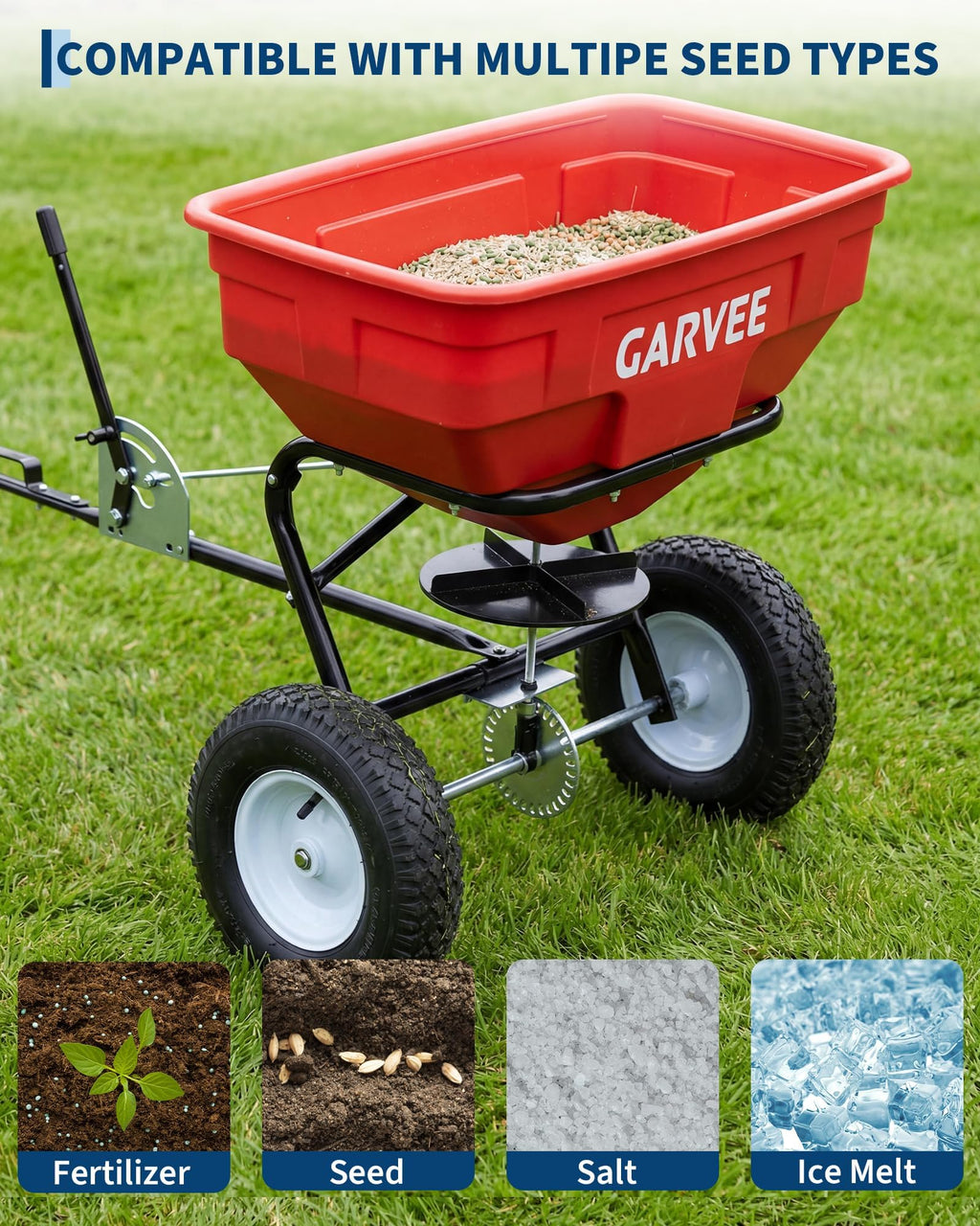 Tow Behind Broadcast Spreader, 130LBS, Universal Hooks Tow/Push Garden Spreader for UTV, ATV, 30 Adjustable Settings, 9.8 ft Spreading Width, Lawn Spreader for Seed, Fertilizer, Salt, Ice Melt