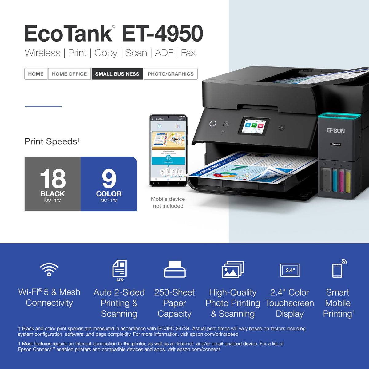 Epson EcoTank ET-4950 Wireless Duplex All-in-One Cartridge-Free Supertank Color Inkjet Printer, Fax, Black