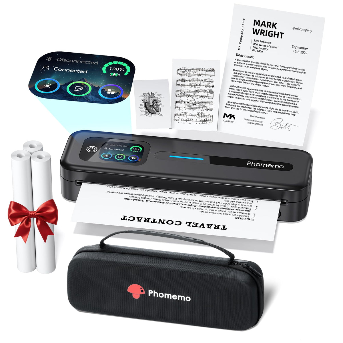 Phomemo M832D Touchscreen Portable Printer & Case & 69 Pcs (3 Rolls) Paper