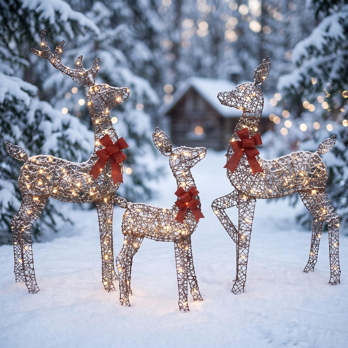 5 FT Oversized Christmas Decorations Outdoor Lighted Reindeer – 3-Piece 2D Deer Family Set with 160 Warm White LED Lights for Yard, Lawn, Garden & Porch Holiday Display - White