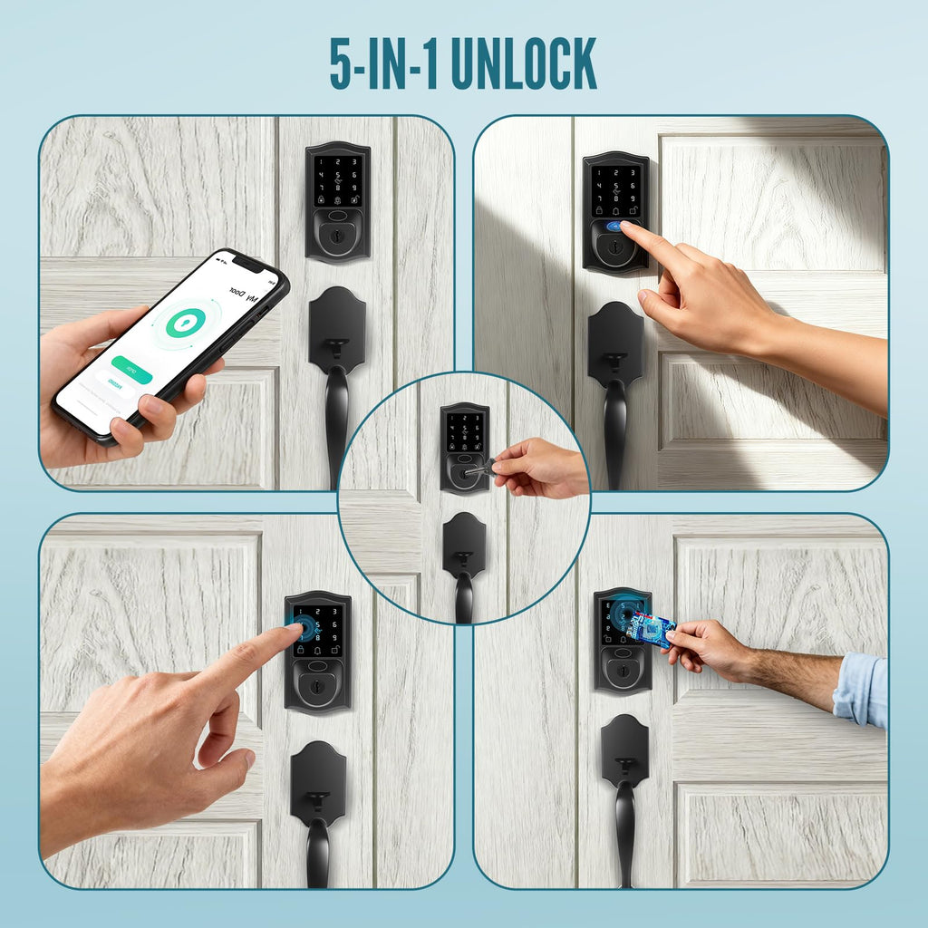 Smart Fingerprint Front Door Lock Set with Handle, Built-in WiFi App Remote & Voice Guidance, Keyless Entry Deadbolt with Touchscreen Keypad, Easy Installation, door locks for front door, Matte Black