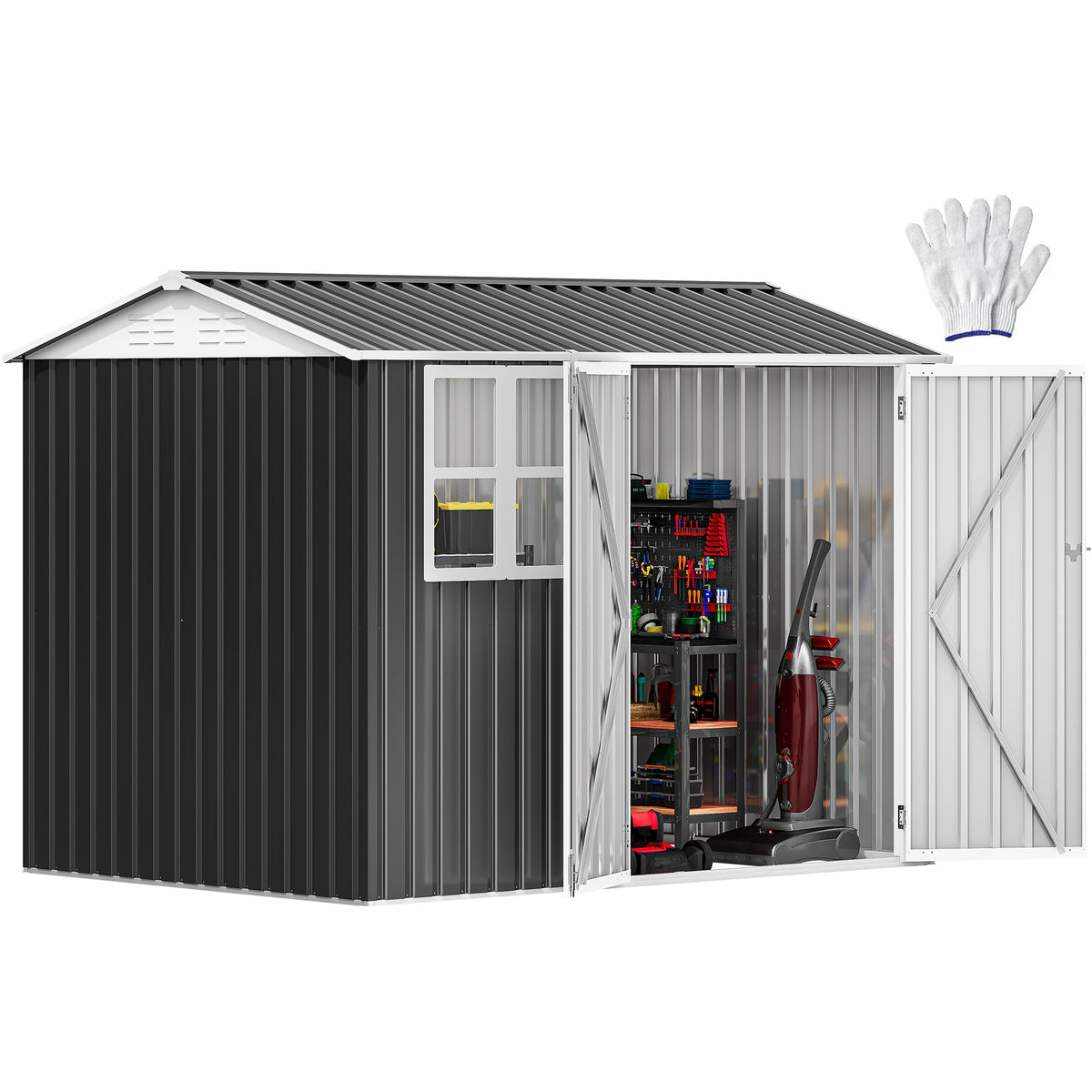 DWVO 8x6 FT Outdoor Storage Shed, Metal with Lock & Window - Gray & White