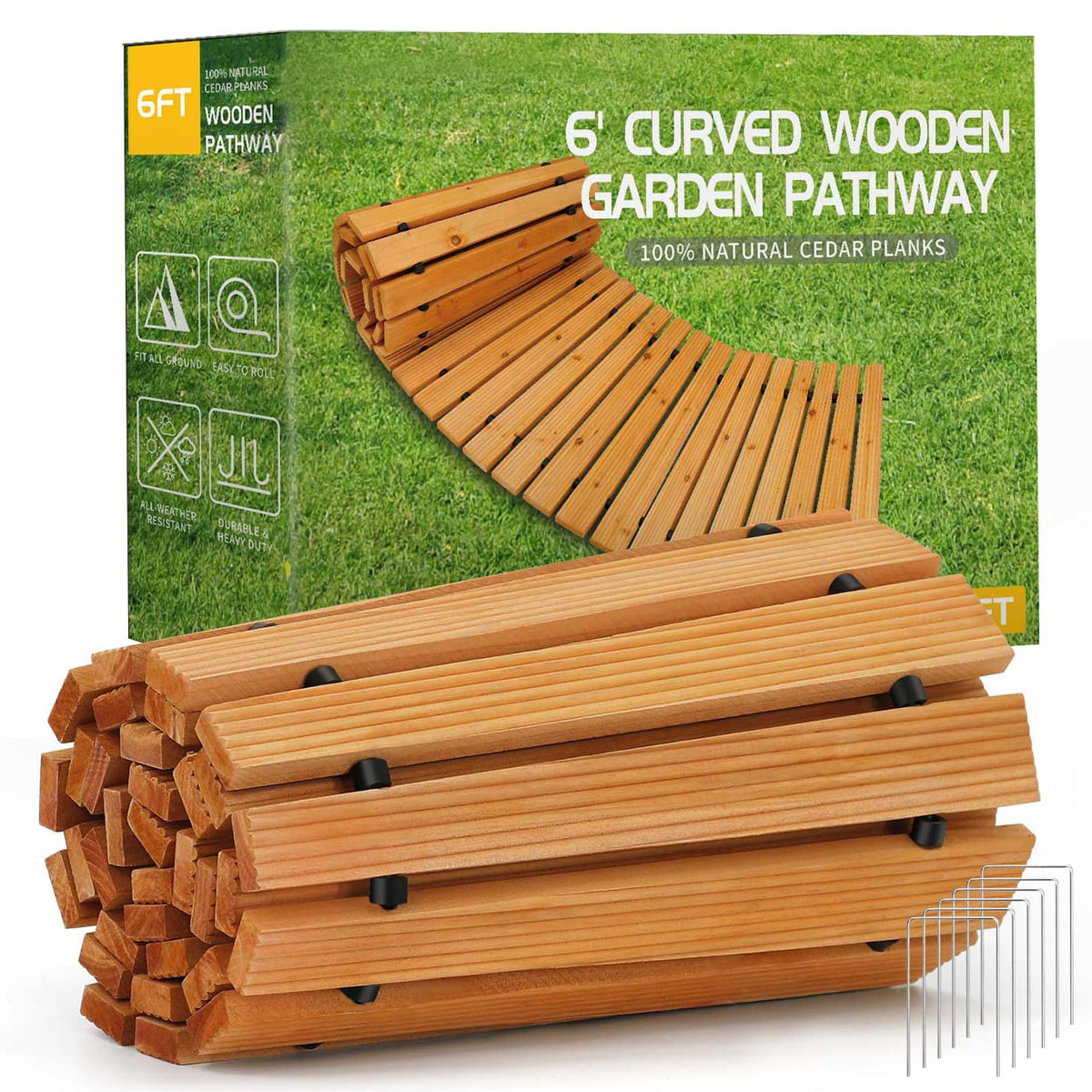 24' Wooden Garden Pathway,Outdoor Roll Out Walkway,Patio Footpath