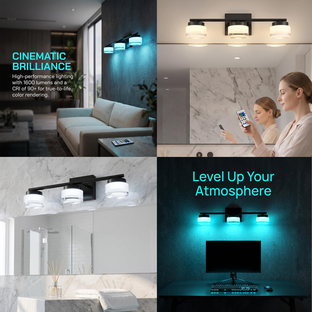 DAYCENT Black 3-Light Bathroom Vanity Lights with APP/Remote Control 21.26"