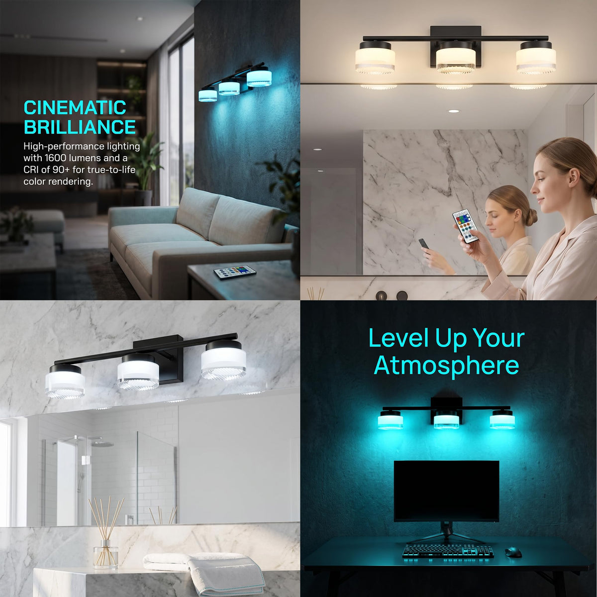 DAYCENT Black 3-Light Bathroom Vanity Lights with APP/Remote Control 21.26"