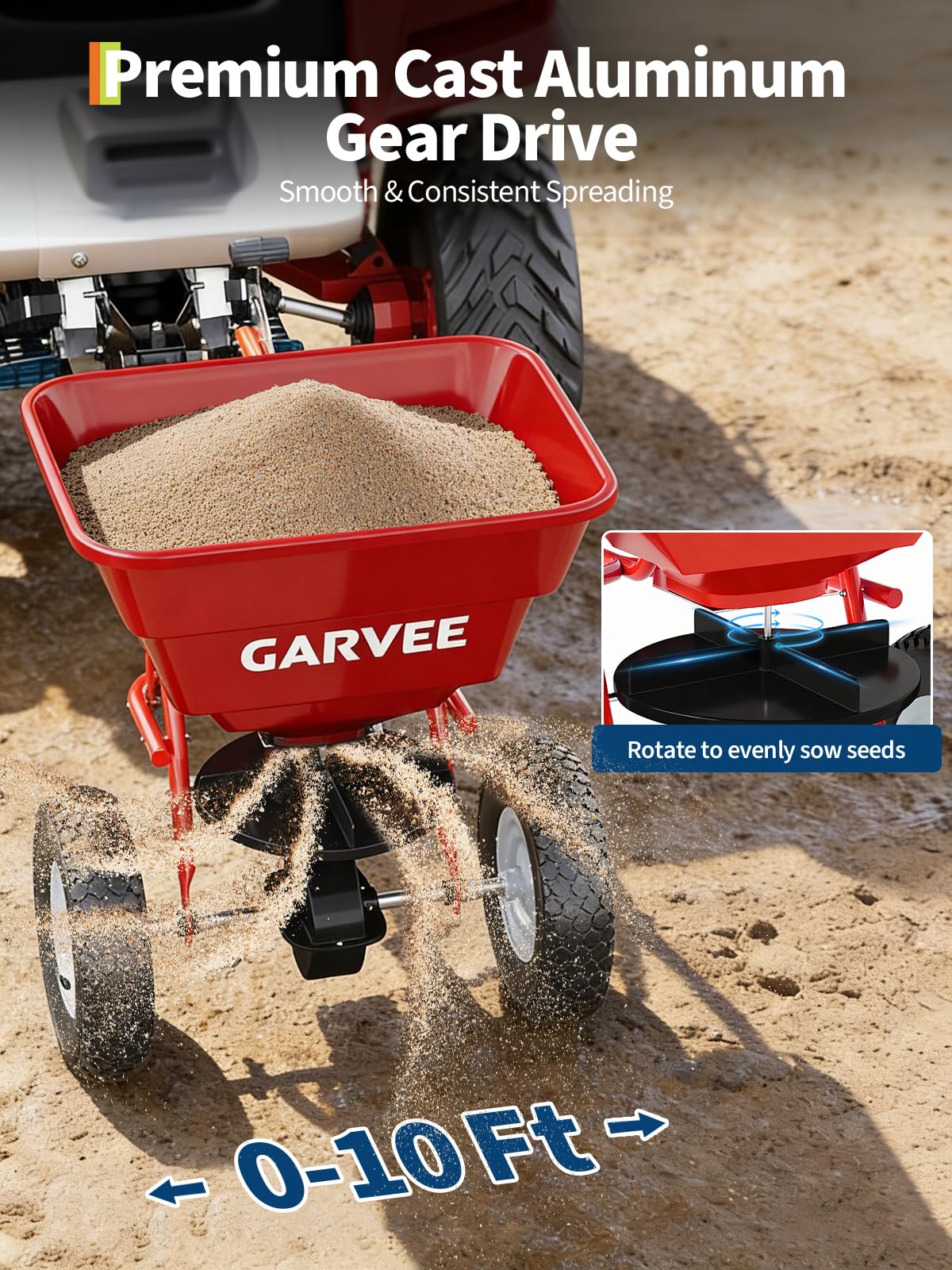 Heavy Duty 85 lbs Tow-Behind Broadcast Spreader – 10" Pneumatic Tires, Adjustable Movement Control – Steel Bucket & Frame