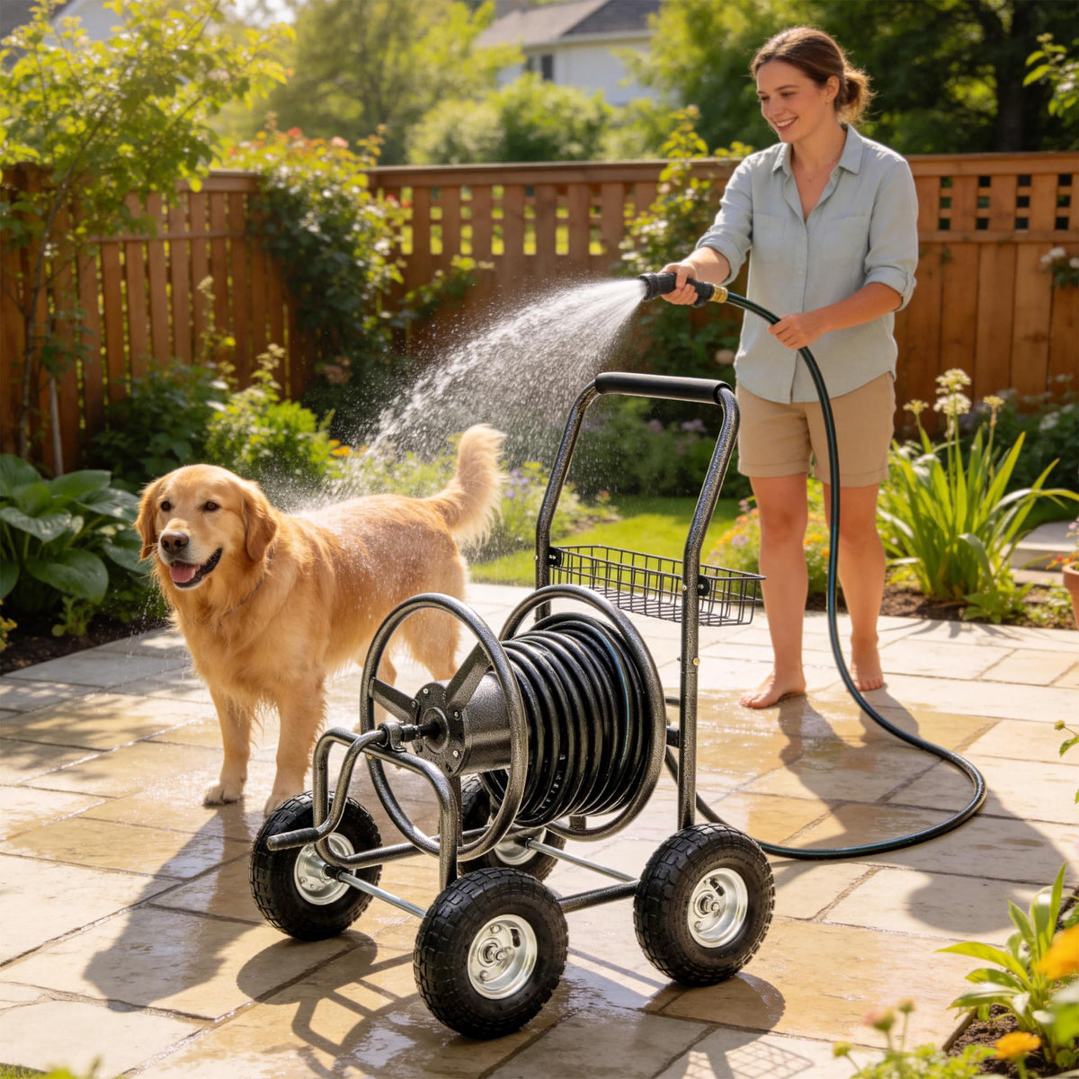 250ft Heavy Duty Hose Reel Cart with 4 Wheels, 5/8" Hose Capacity