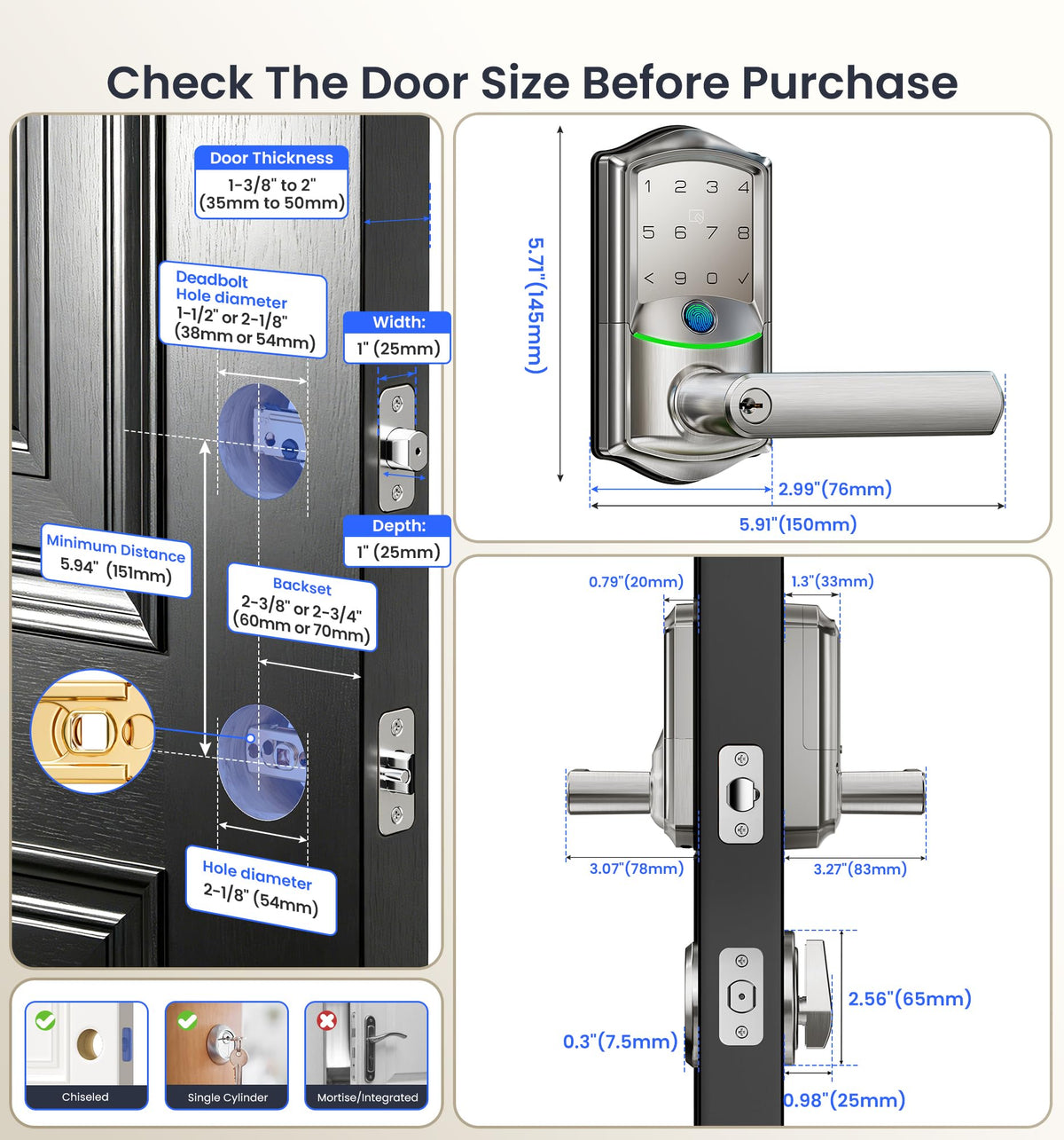 Veise VE029-E WiFi Smart Lever Lock with Non-Keyed Deadbolt, Satin Nickel