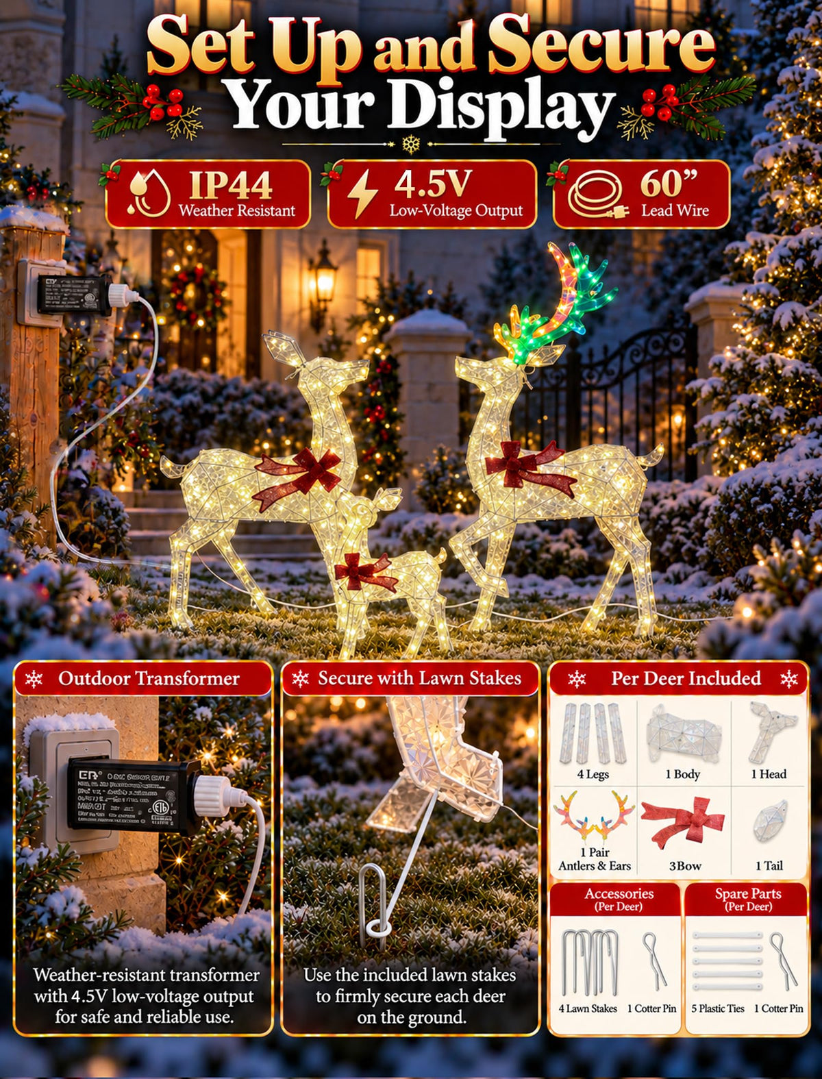 3D Lighted Reindeer Family, 3-Piece 265 LED Christmas Yard Display