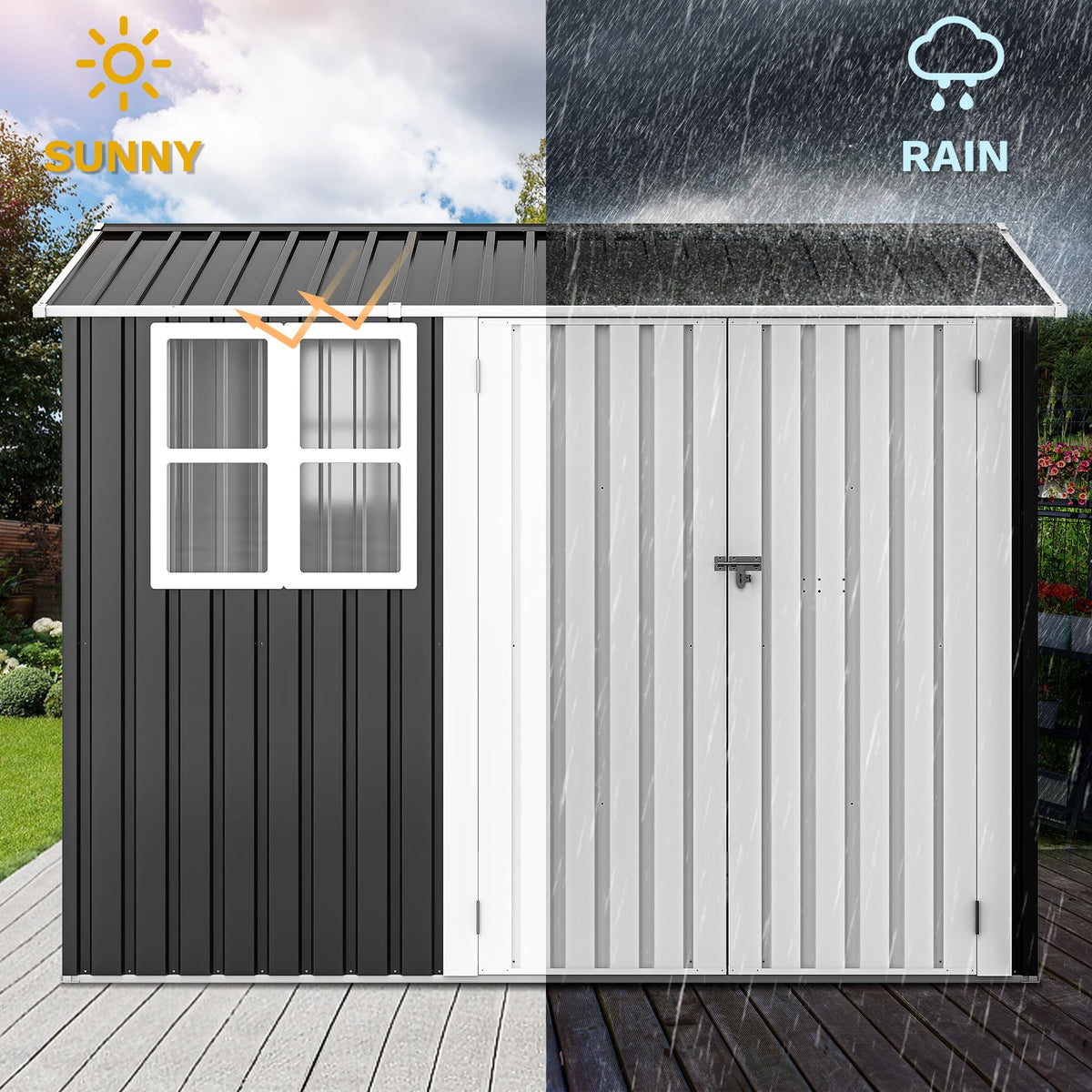 DWVO 8x6 FT Outdoor Storage Shed, Metal with Lock & Window - Gray & White