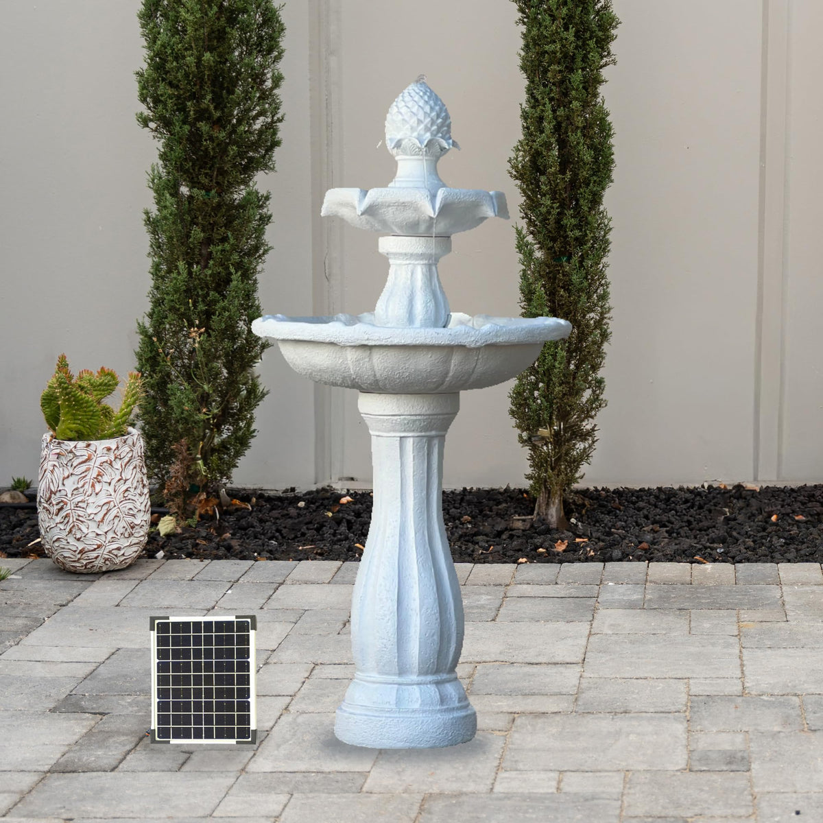 XBrand 44" 2-Tier Solar Water Fountain for Outdoors, Fiberglass Resin Garden Fountain with Solar Panel Pump, Auto Shut-Off, White, Patio, Yard & Garden Decor