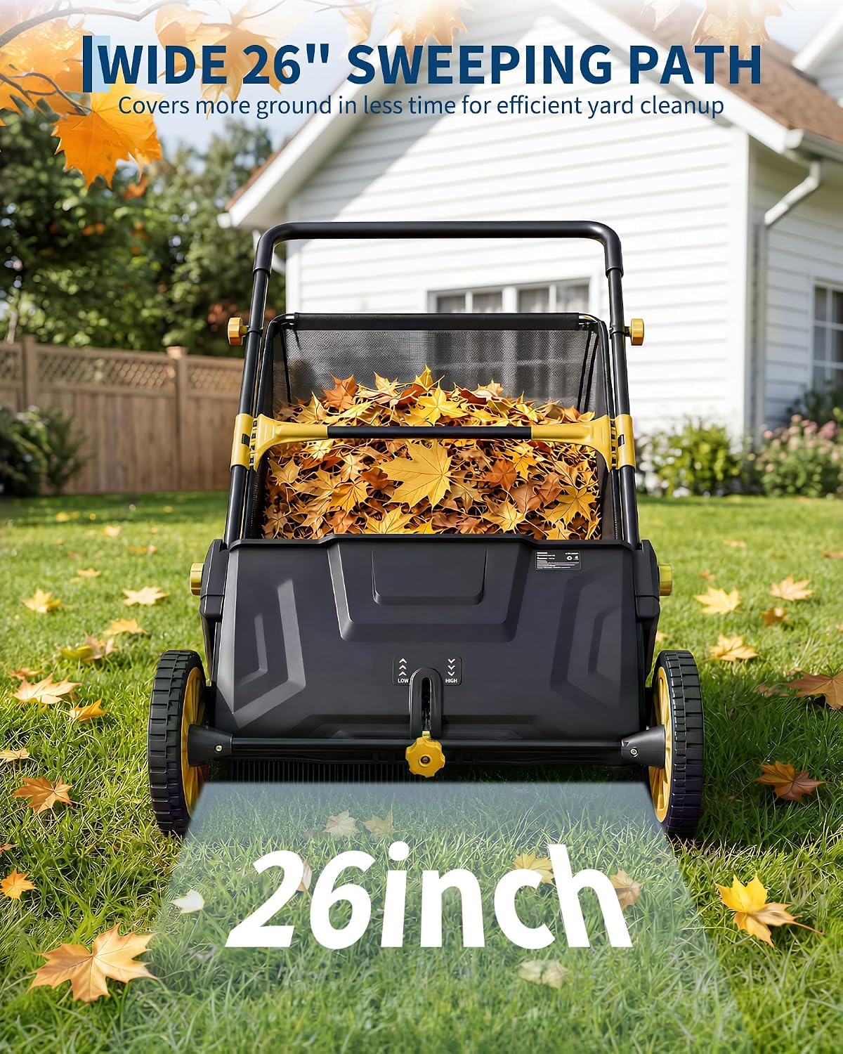 IDEALHOUSE Push Lawn Sweeper 26 Inch with Large 7 cu.ft. Hopper Bag