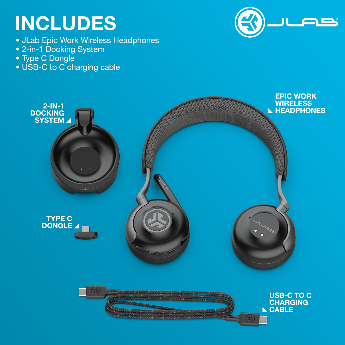 JLab Epic Work ANC Wireless on-Ear Headset with Microphone, smart Noise Cancellation, multipoint Connect, Charging hub, Black