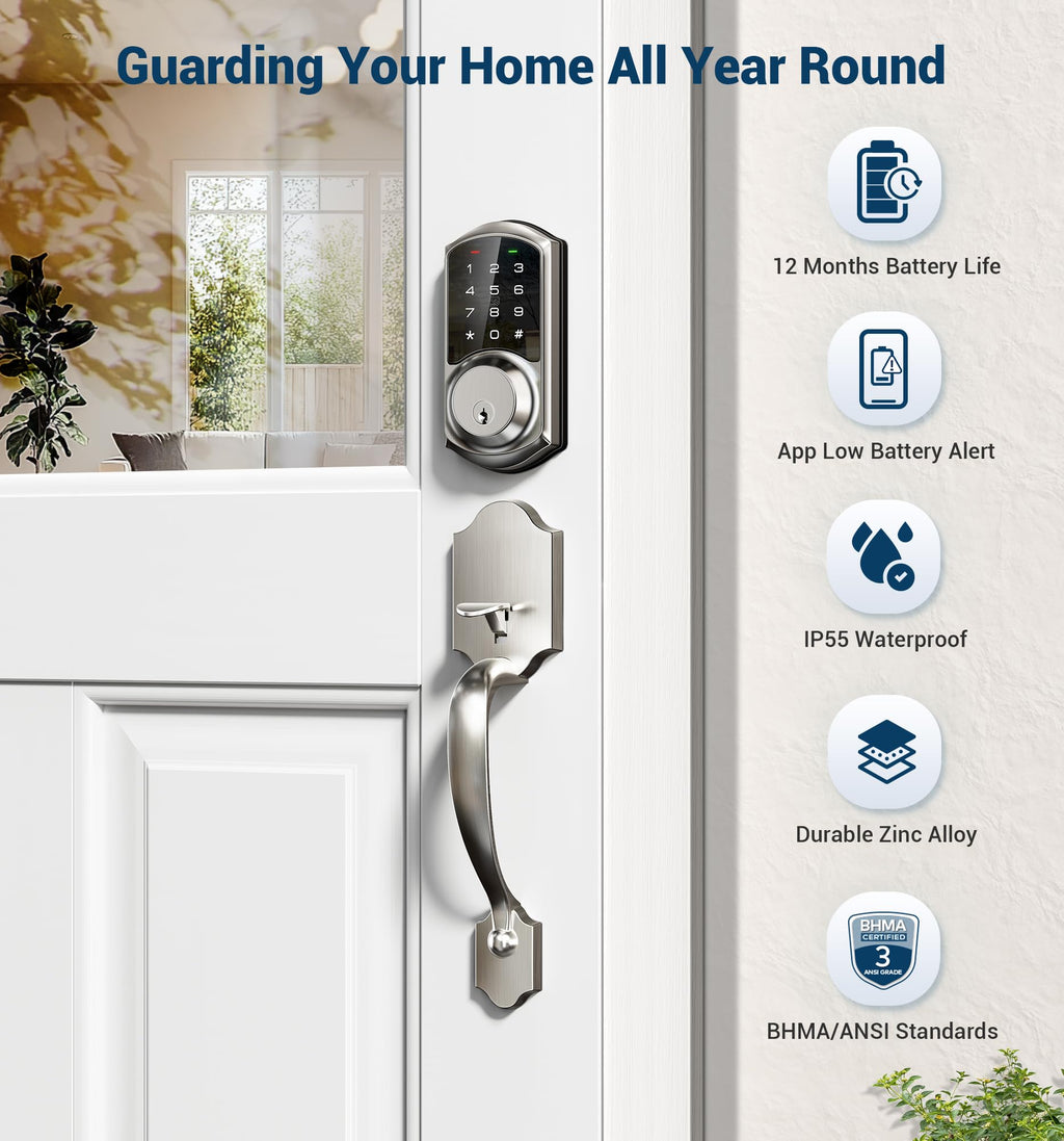 Veise VE06-H Smart Front Door Lock Handle Set, App Control, Satin Nickel