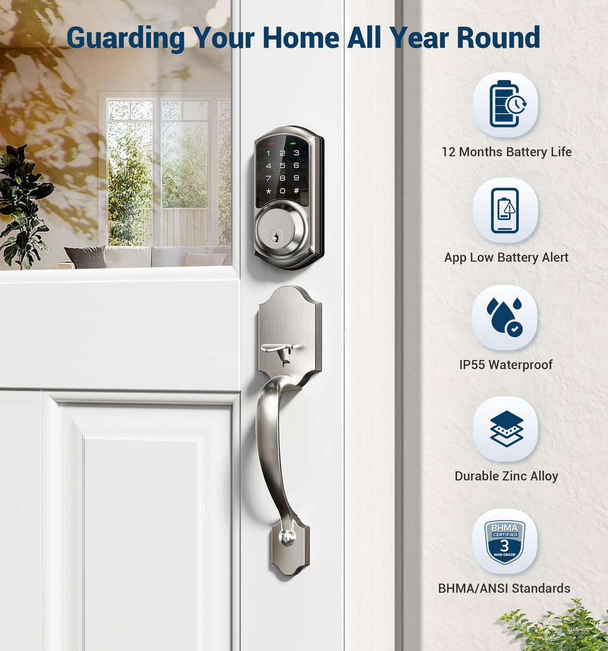 Veise VE06-H Smart Front Door Lock Handle Set, App Control, Satin Nickel