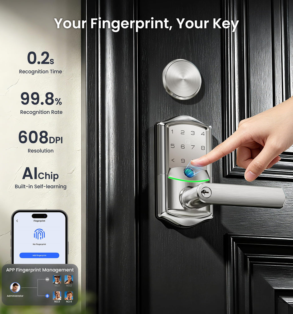 Veise VE029-E WiFi Smart Lever Lock with Non-Keyed Deadbolt, Satin Nickel