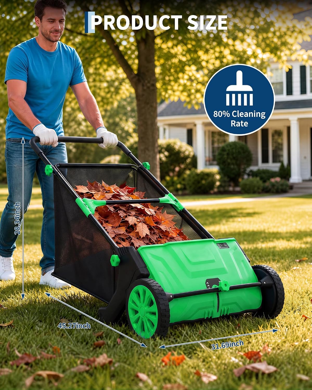 IDEALHOUSE Push Lawn Sweeper 26 Inch with Large 7 cu.ft. Hopper Bag