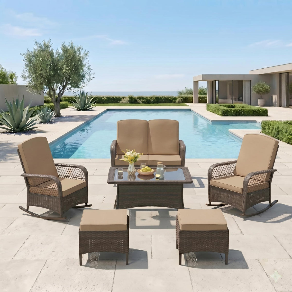 3 pcs Rocking Bistro Set Conversation Chairs PE Wicker Outdoor Rocking Chairs & Glass Table,for Porch Lawn Garden Backyard Deck(Rocking Set,Khaki)