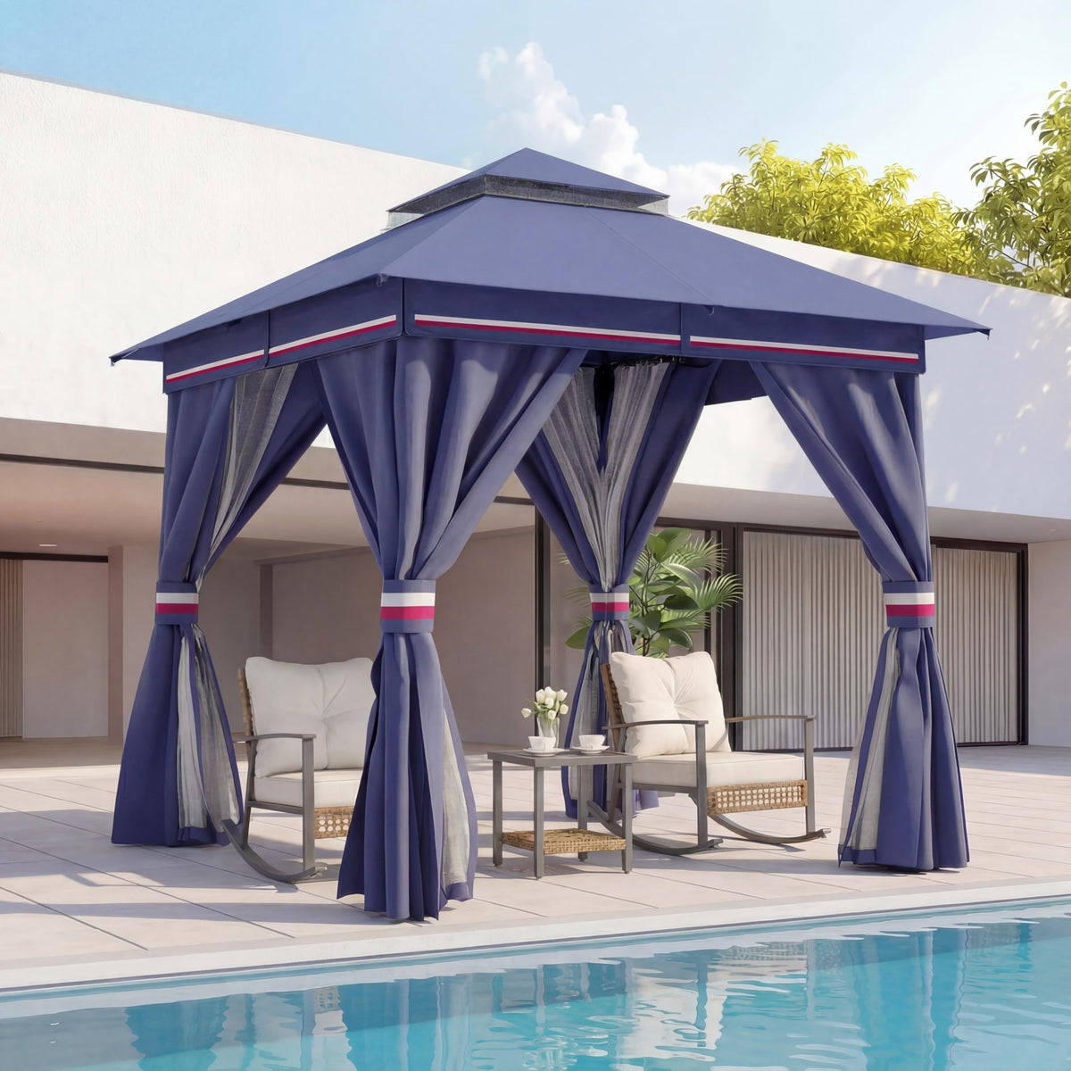 10x10 Arc Gazebo Canopy with Curtains & Double Roof
