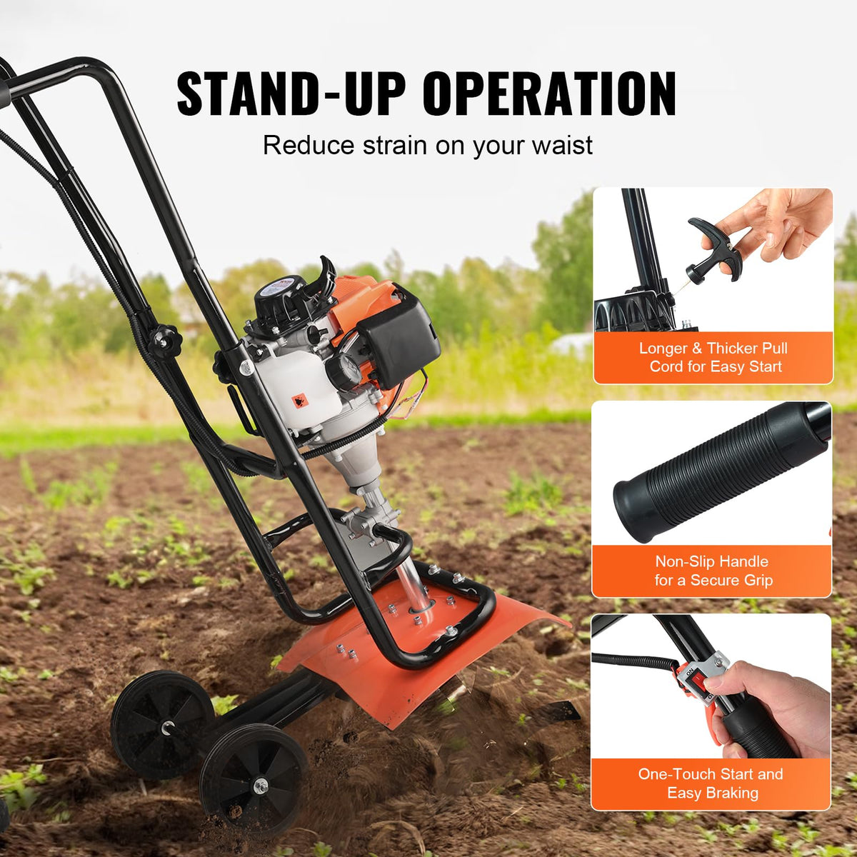 VEVOR Tiller Cultivator Gas Powered 31CC 4-Stroke Garden Cultivator, Orange