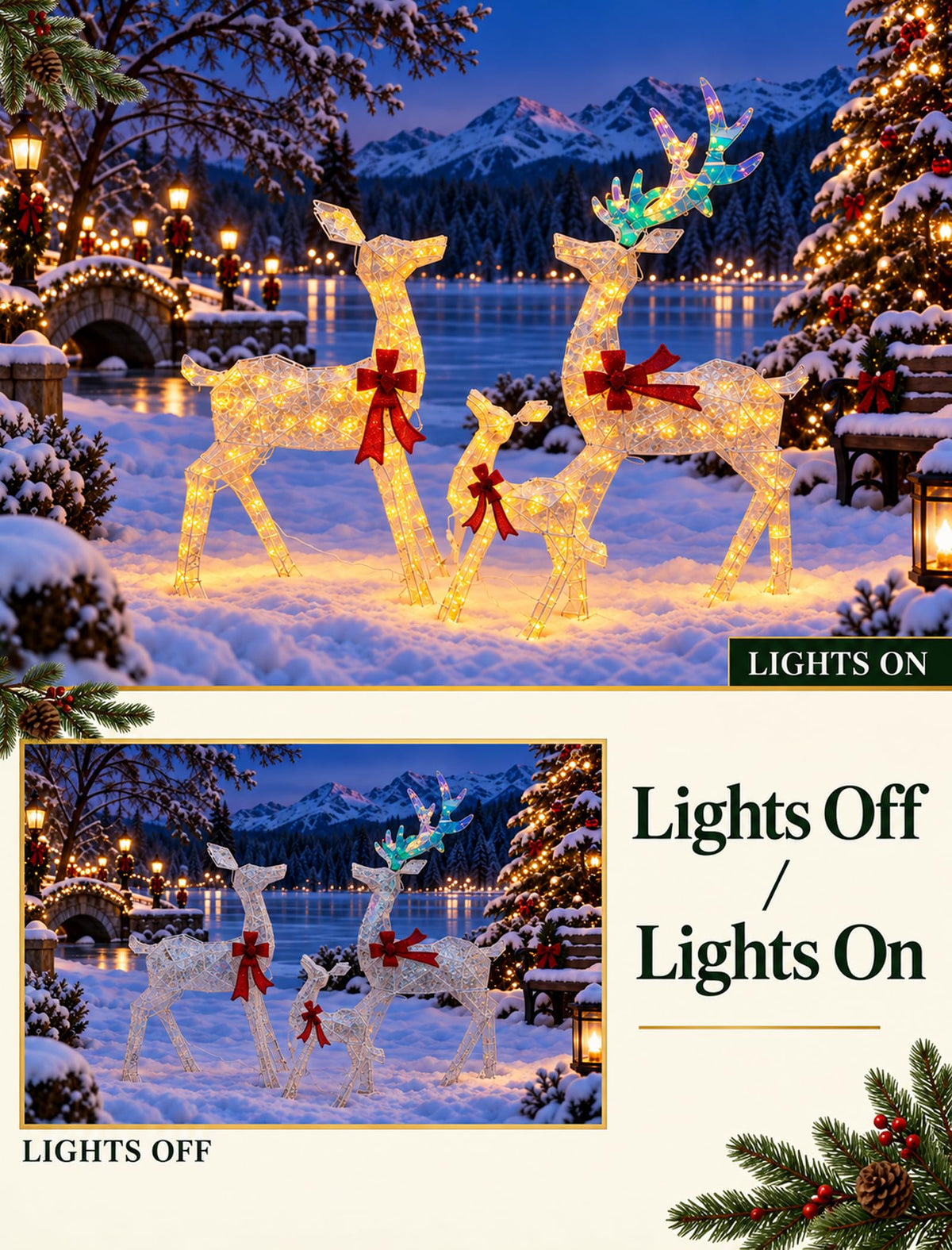 2D Lighted Reindeer Family, 3-Piece Warm Yellow Christmas Yard Decorations