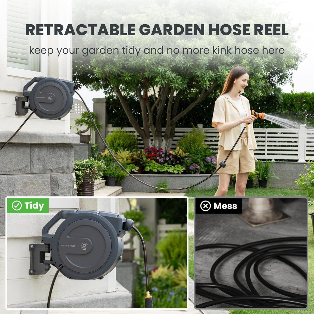 Giraffe Tools PRO Heavy Duty Retractable Garden Hose Reel - 78ft 1/2 Inch Auto Rewind with Any-Length Lock, Wall Mounted Metal Bracket, Commercial Grade for Patio & Lawn (Dark Grey)