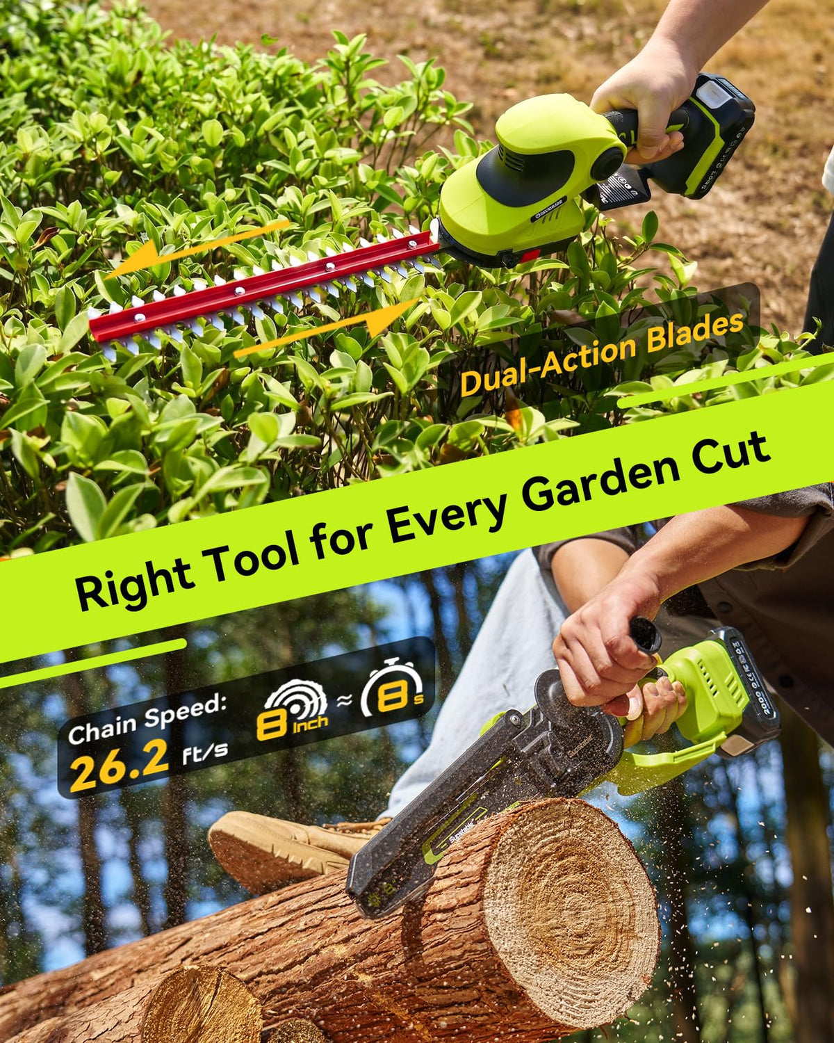 3-in-1 Cordless Mini Chainsaw & Hedge Trimmer with Grass Shears, 8-Inch 800W Brushless Chainsaw, 2 x 4000mAh Batteries, Garden Tool Kit for Tree Pruning, Hedge Trimming & Lawn Edging