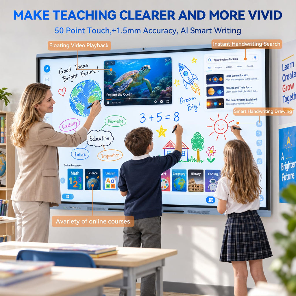 75" AI Pro Smart Board for Classroom & Office, Android 16 & Win 11 16G RAM+256G ROM, 48MP Camera Build in 4K UHD Interactive Whiteboard with Touchscreen & 8 Mic Array,Electronic Whiteboard for Meeting