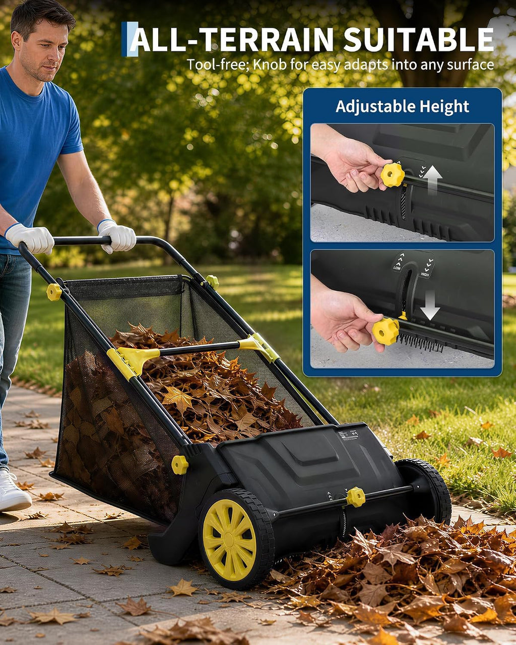 IDEALHOUSE Push Lawn Sweeper 26 Inch with Large 7 cu.ft. Hopper Bag