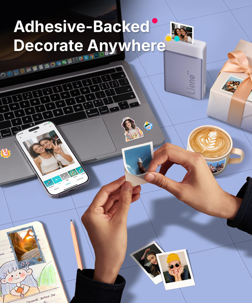 Liene Pearl N200 Pro Portable Photo Printer, Instant Mini Picture Printer for iPhone Smartphone, Thermal Dye Sublimation, Bluetooth Sticker Printer 50 Sheets 2x3 Adhesive Paper & 5 Cartridges, Purple