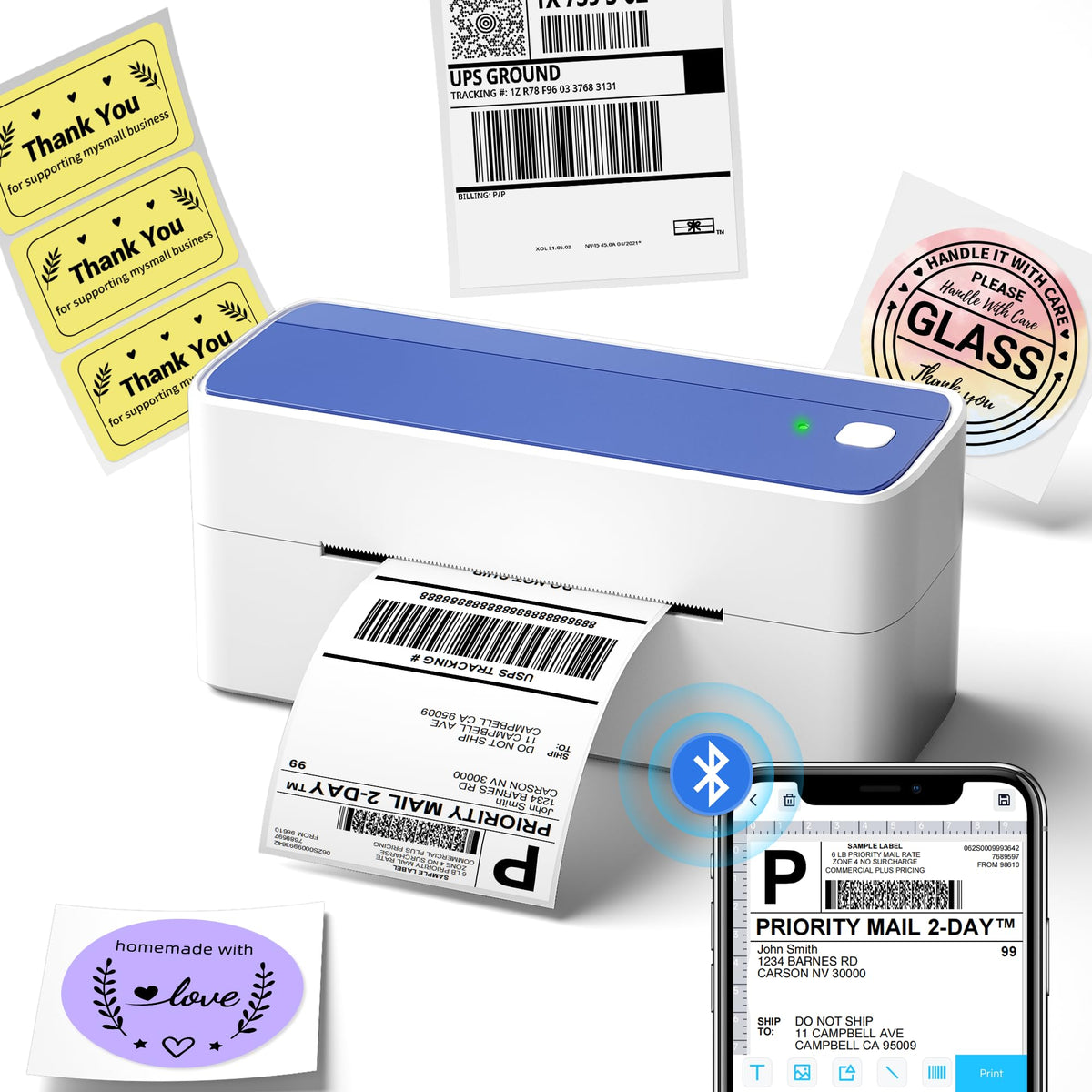 Phomemo Bluetooth Thermal Shipping Label Printer with Holder & 500pcs Label
