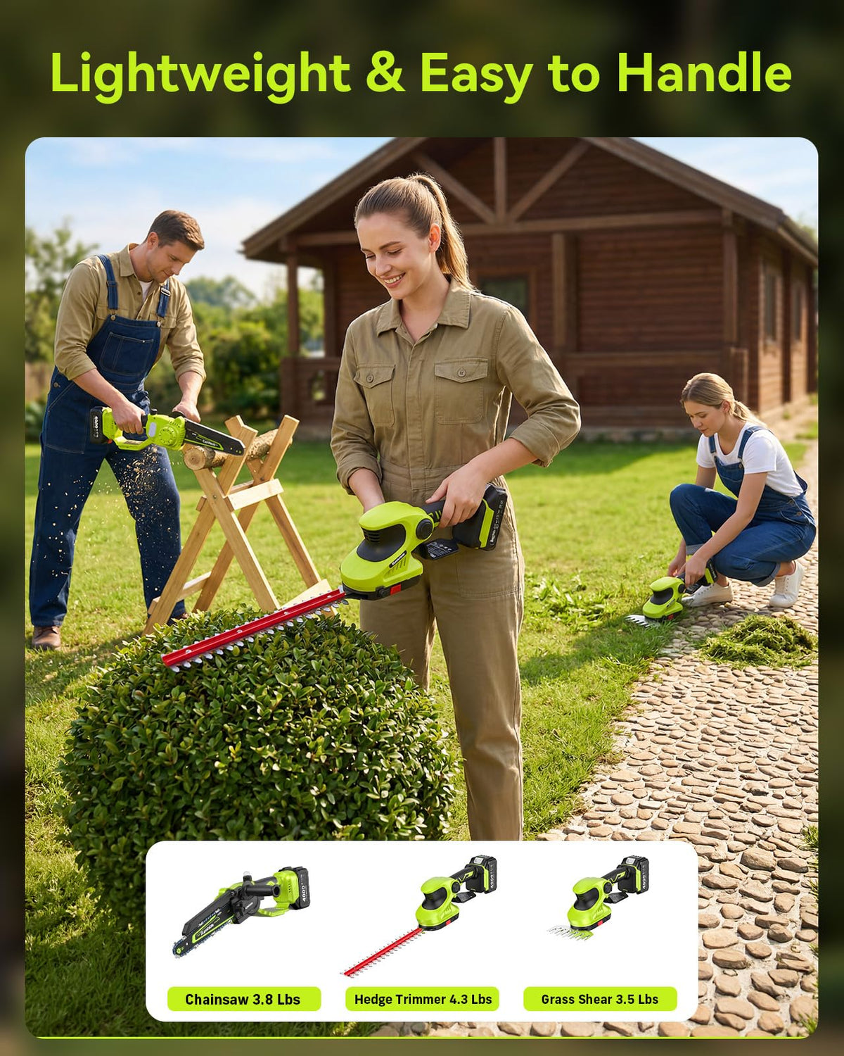 3-in-1 Cordless Mini Chainsaw & Hedge Trimmer with Grass Shears, 8-Inch 800W Brushless Chainsaw, 2 x 4000mAh Batteries, Garden Tool Kit for Tree Pruning, Hedge Trimming & Lawn Edging