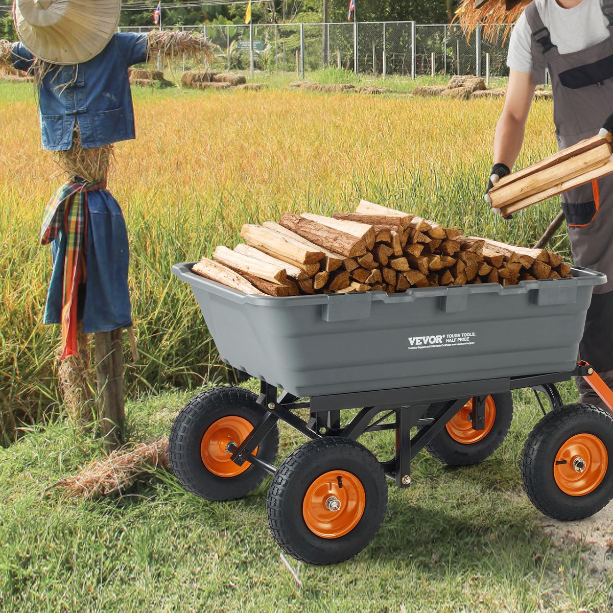 VEVOR 1500lbs Poly Garden Dump Cart Wheelbarrow Wagon with 2 in 1 Convertible Handle, Heavy Duty Yard Cart Wagon for with 13in All Terrain Wheels, Dump Trailer Tow Behind for Lawn Mower Tractor