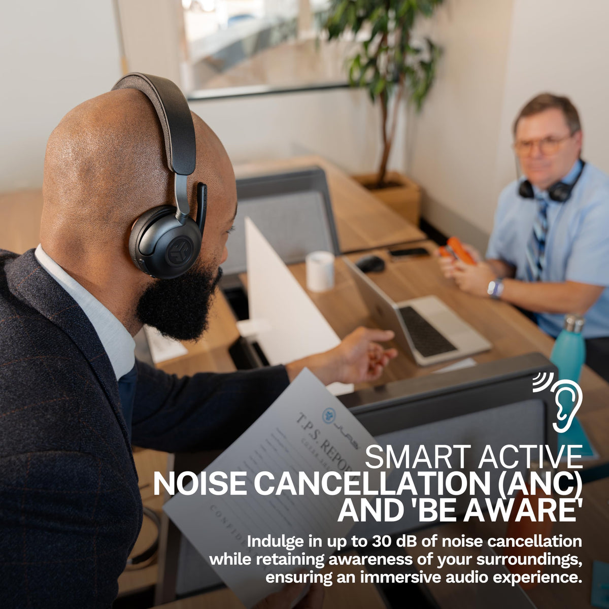 JLab Epic Work ANC Wireless on-Ear Headset with Microphone, smart Noise Cancellation, multipoint Connect, Charging hub, Black
