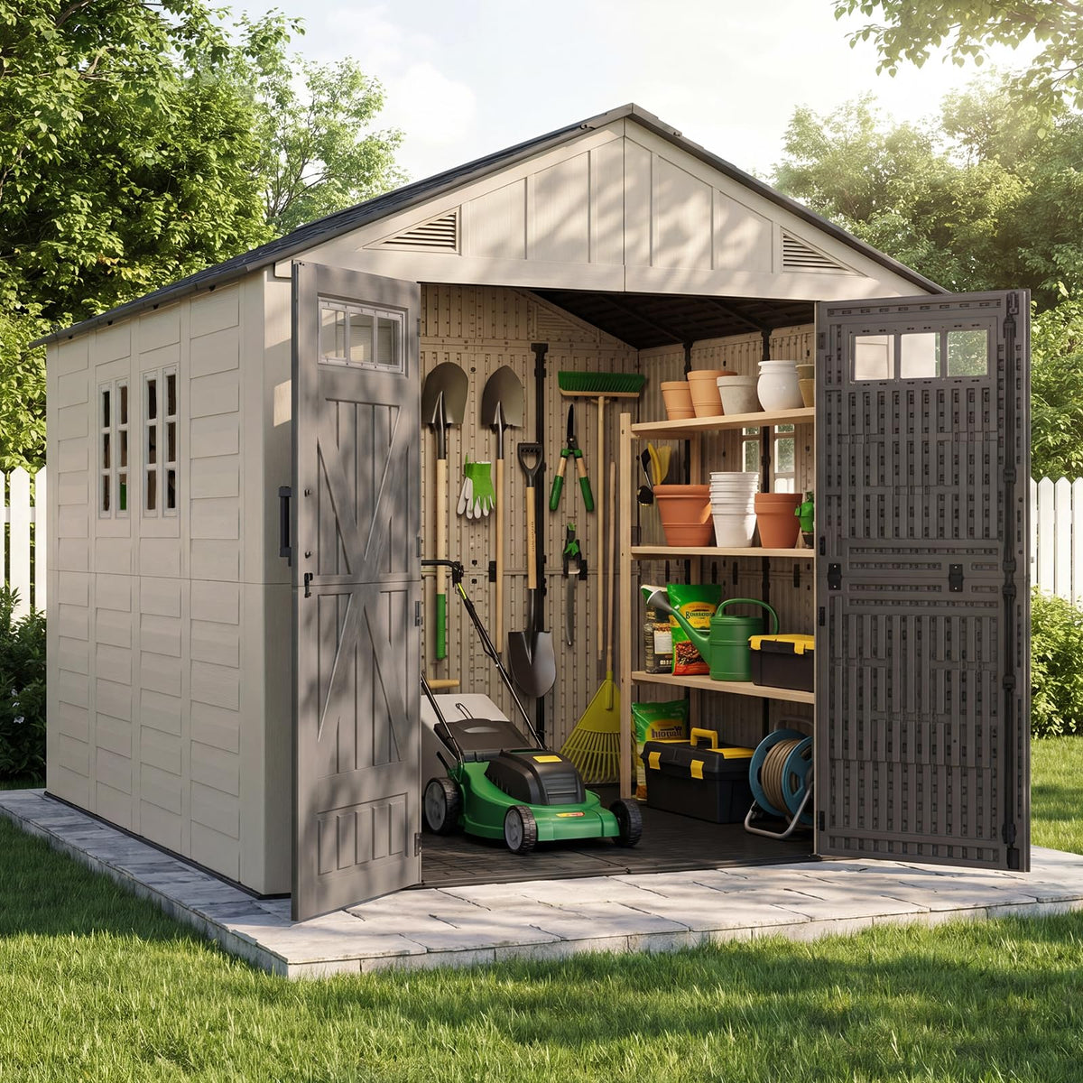 Aoxun 8x6 Ft Outdoor Storage Shed with Floor, Large Resin Outdoor Shed with Lockable Door & Windows, Garden HDPE Sheds for Lawn Tools, Pool Supplies & Bikes